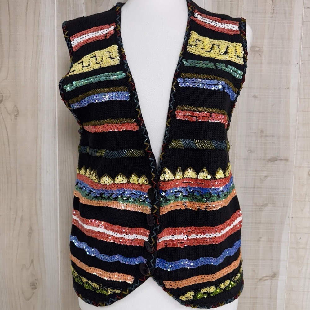 VTG‎ Gantos Womens Black Beaded Knit Sweater Vest 80s Boho Festive Colorful Sz S